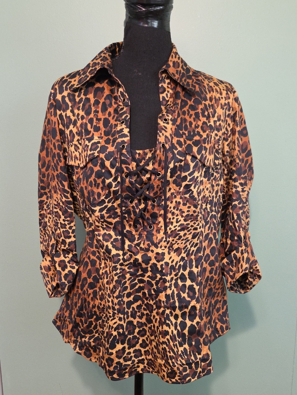 Lafayette 148 Leopard Print Lace-Up Women's Blouse Size 8